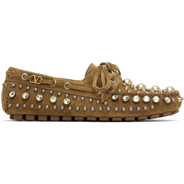  Valentino Garavani Brown Mixed Studs Boat Shoes 