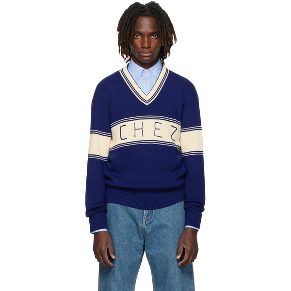  Valentino Navy & Beige 'chez Valentino' Jacquard Pattern Sweater 