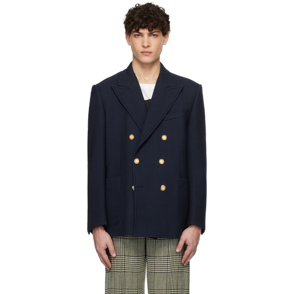  Valentino Navy Double-breasted Double Wool Blazer 