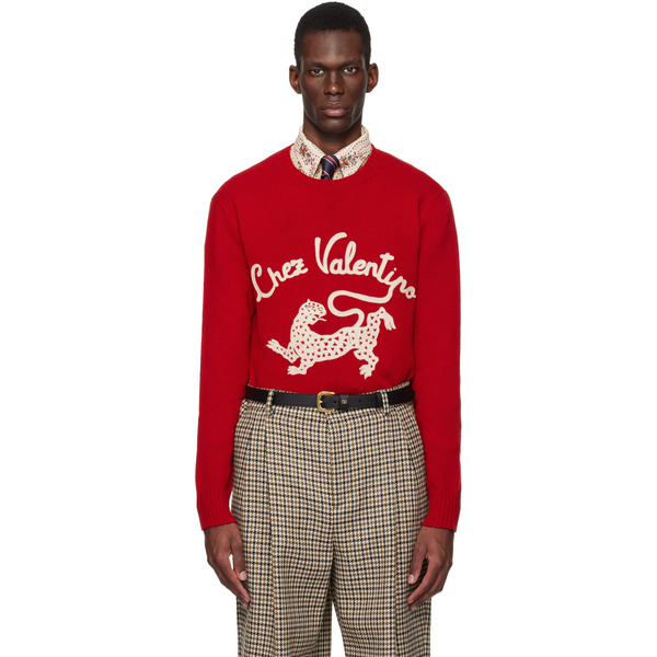  Valentino Red Wool 'chez Valentino' Panther Embroidery Sweater 