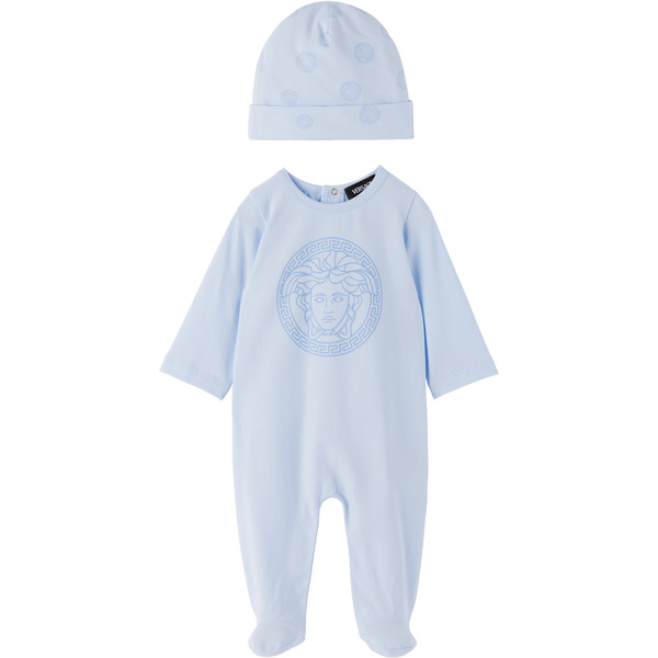  Versace Baby Blue Printed Cotton-jersey Sleepsuit Set 