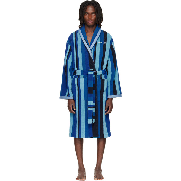  Versace Blue Striped Cotton-terry Jacquard Bathrobe 