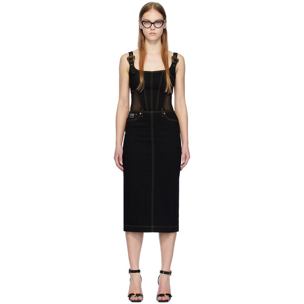  Versace Jeans Couture Black Baroque Buckle Denim Midi Dress 
