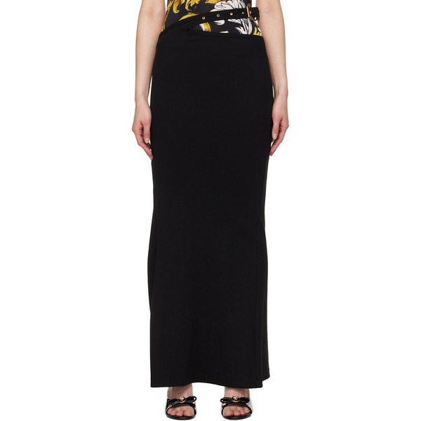  Versace Jeans Couture Black Baroque Buckle Ribbed Maxi Skirt 