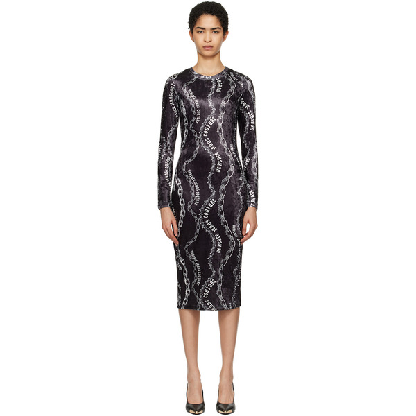  Versace Jeans Couture Black Chain Couture Velvet Midi Dress 