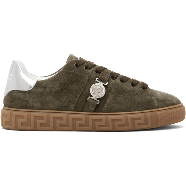  Versace Khaki Greca Embellished Suede Sneakers 