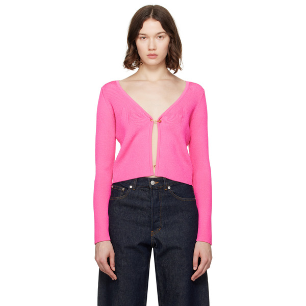  Versace Pink Safety Pin Ribbed Knit Fitted Cardigan 