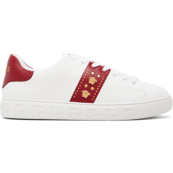  Versace White & Red Greca Embellished Faux-leather Sneakers 
