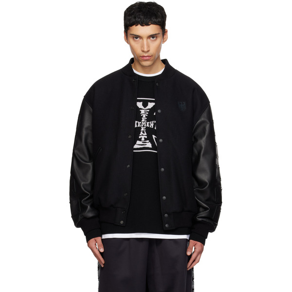  Vetements Black Biker Cross Embroidered Varsity Bomber Jacket 