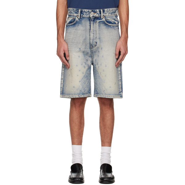  We11done Blue Embroidery Washed Denim Shorts 