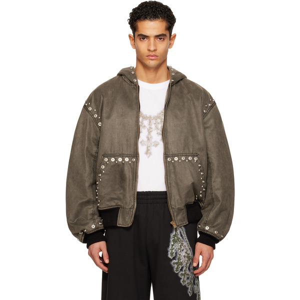  We11done Gray Studded Hooded Bomber Jacket 