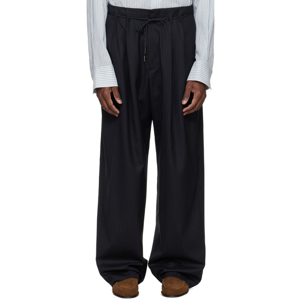  Wooyoungmi Navy Wool Stripe Wide Trousers 