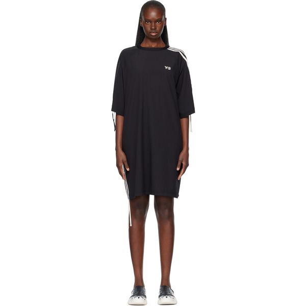  Y-3 Black Cinch 3 Stripes Oversized Tee Midi Dress 