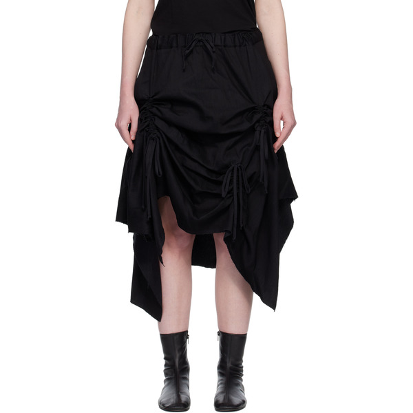  Yohji Yamamoto Black Gathered Denim Midi Skirt 