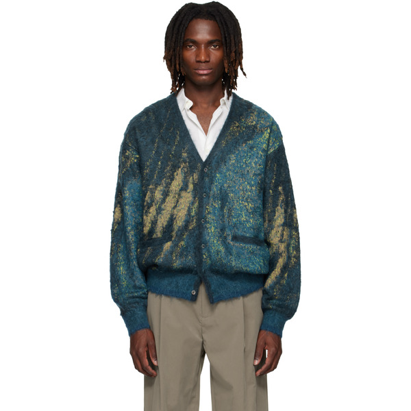  Yoke Blue & Green Abstract Jacquard Mohair Cardigan 