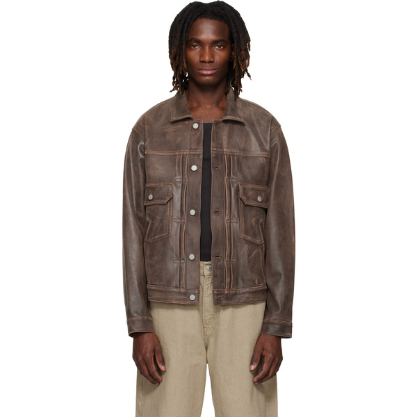  Yoke Brown Cracked Leather Trucker Jacket 