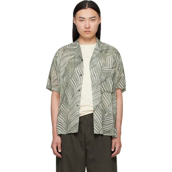  Yoke Green Leaf Pattern Printed Rayon Open Collar Shirt 