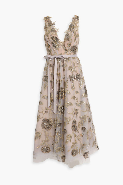  Marchesa Notte - Embellished Tulle Midi Dress - Gray - Us 0 