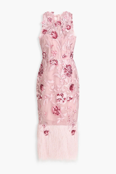  Marchesa Notte - Fringed Embroidered Tulle Midi Dress - Pink - Us 2 