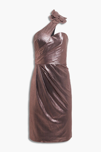  Marchesa Notte - One-shoulder Floral-appliquéd Draped Metallic Striped Chiffon Dress - Metallic - Us 10 