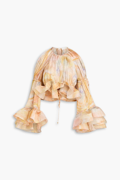  Zimmermann - Cold-shoulder Ruffled Printed Silk-satin Top - Orange - 1 
